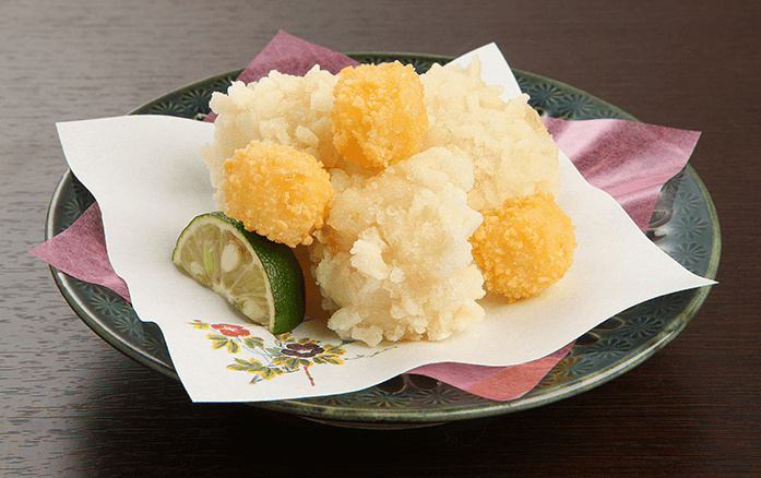 Bicolored deep-fried Cheese and Goma Tofu